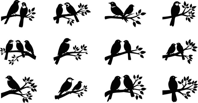 Bird silhouettes on branches set, various poses of avian pairs in an eps vector file.