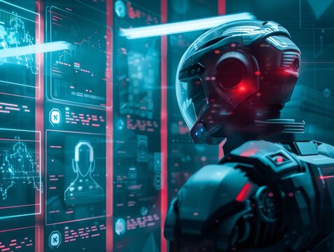 Robot head analyzing holographic data screens and digital user interface in a blue glowing futuristic workspace.