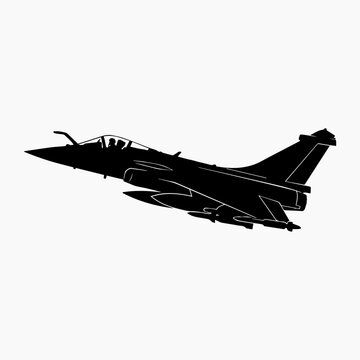 features a detailed black silhouette of a Dassault Rafale multi-role fighter jet against a solid white background. The profile highlights the aircraft's distinctive delta wing design, canards, and ext