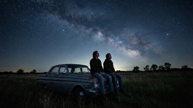 Back view of two friends sitting on a car hood looking up at the night sky