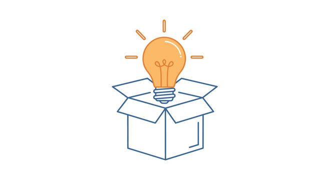 A glowing lightbulb emerges from an open cardboard box symbolizing creative ideas and innovation