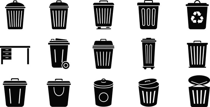 Trash cans and garbage bins collection waste management eps symbols for recycling cleaning.