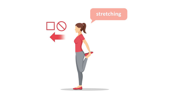 A woman demonstrates a hamstring stretch with visual cues indicating incorrect posture and the word stretching