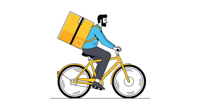 A delivery person with a beard rides a yellow bicycle while carrying a large cardboard box on their back