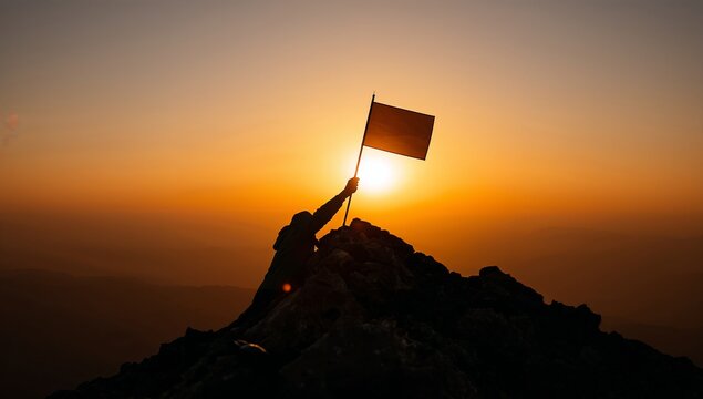 Mountain Climber Raises Flag Against Sunset Horizon with Triumph