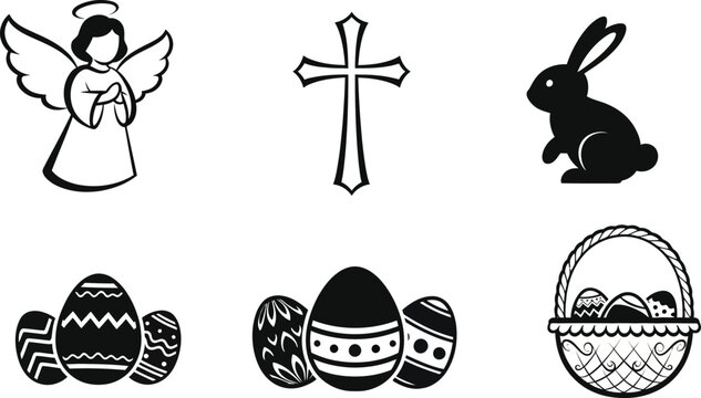 Black and white of an angel, cross, easter bunny, decorated eggs, and easter basket halo wings praying