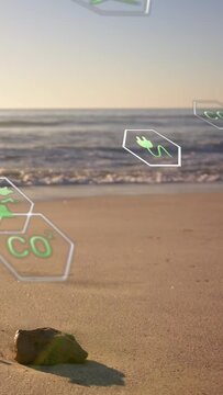 Vertical video: After start hex eco icons moving over sunlit shore near rock, showing green ideas