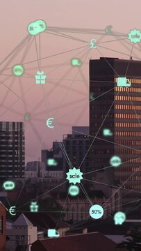 Vertical video: Pink sky showing teal net, nodes pulsing, truck moving to lit tower mapping trade
