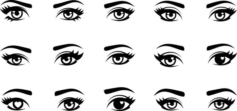 Collection of stylized black eyes with detailed makeup and eyelashes eps.