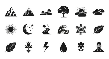 Fototapeta premium Nature Icons, Weather Symbols, Environmental Signs, 20 Black Silhouette EPS Vector Graphics