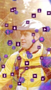 Vertical video: Parent, child biking, pullback spawning social icons showing marketing reach