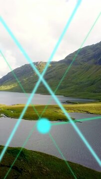 Vertical video: Mountain valley with cyan overlay, dot appearing then beams crossing to mark shore
