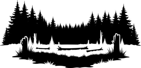 Fototapeta premium Forest clearing silhouette with tree stumps and fallen logs
