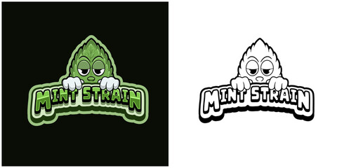 Mint Leaf cartoon logo with text and a high expression. Full color and black and white design. © TMK_Studio