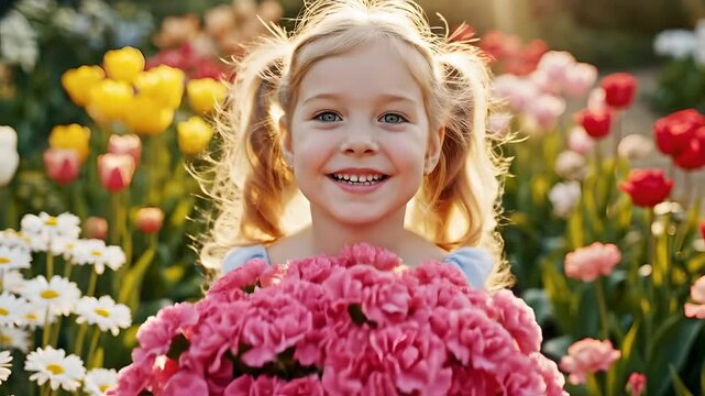 Ni&ntilde;a alegre con ramo de claveles rosas en jard&iacute;n soleado para el D&iacute;a de la Madre, peque&ntilde;a escondi&eacute;ndose tras las flores, concepto de regalo infantil y celebraci&oacute;n de primavera.