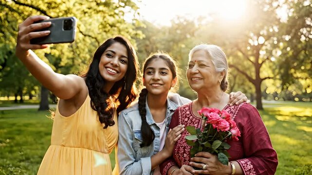 Familia india de tres generaciones tom&aacute;ndose un selfie en un parque soleado. Abuela con rosas rosas celebrando el D&iacute;a de la Madre. Amor familiar y felicidad en exteriores.