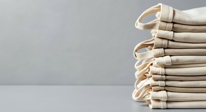 Cloth Grocery Bags Stack, Minimalist Plastic Free Concept, Neutral Tones, Huge Side Copy Space