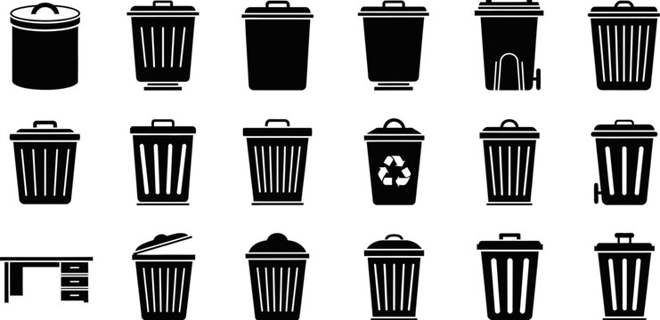 Trash cans and desk eps set for waste management and office organization.