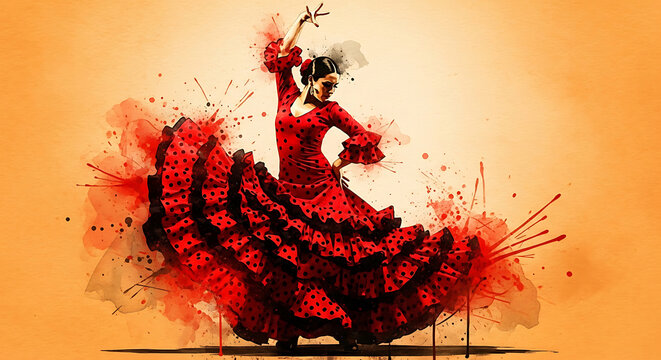 Red dancing flamenco woman exploding into pixels