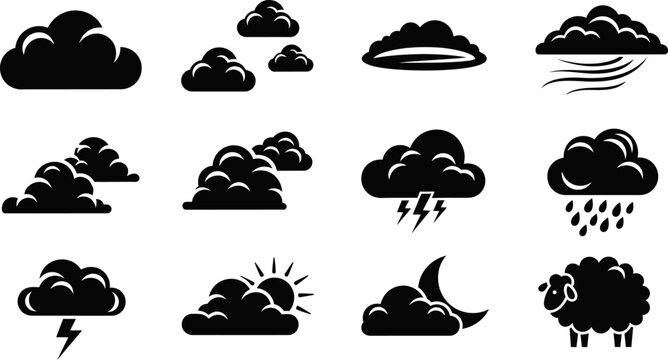 Weather icon set featuring clouds rain storm and sheep silhouette vector eps illustration.
