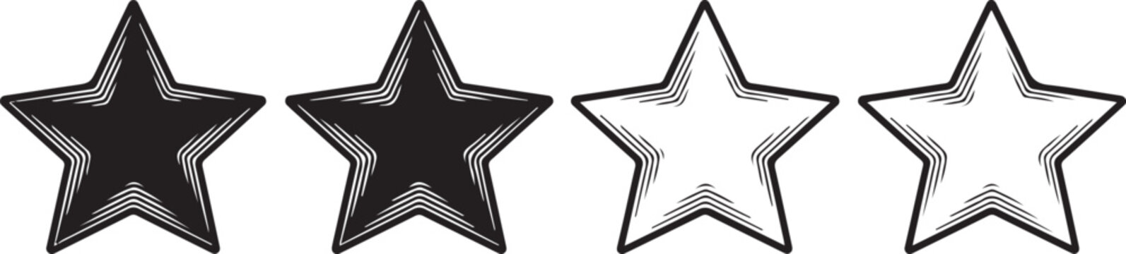 "Star Rating System Icons - 2 Out of 5 Stars Filled, Black and White Vector Illustration, Customer Review Feedback Symbols"