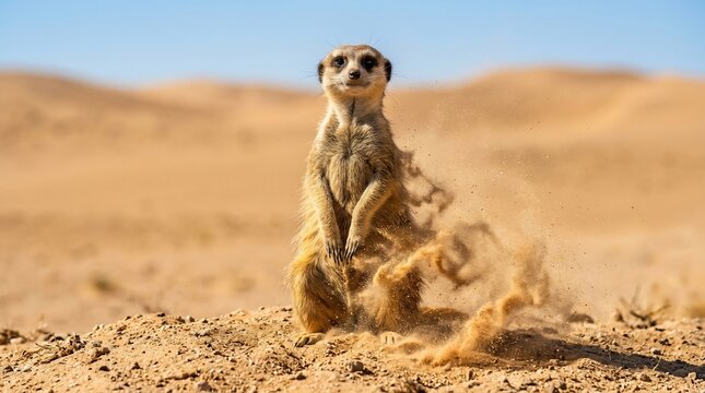 A solitary meerkat stands guard in the arid African desert landscape.