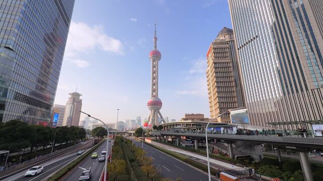 Oriental Pearl Tower and Pudong Road with Urban Traffic