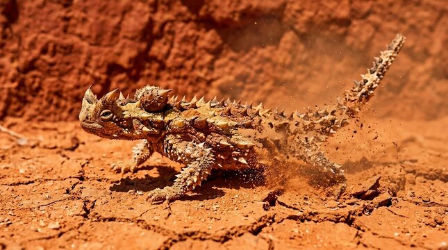 A Spiny Thorny Devil Lizard Walking on Red Desert Sand.