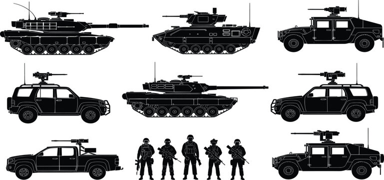 Military vehicles and soldiers silhouettes set, tanks armored cars and troops collection, defense army equipment icons, cad drawing flat vector illustration