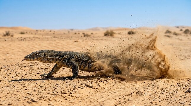 A desert monitor lizard kicks up dust while running across sandy terrain.