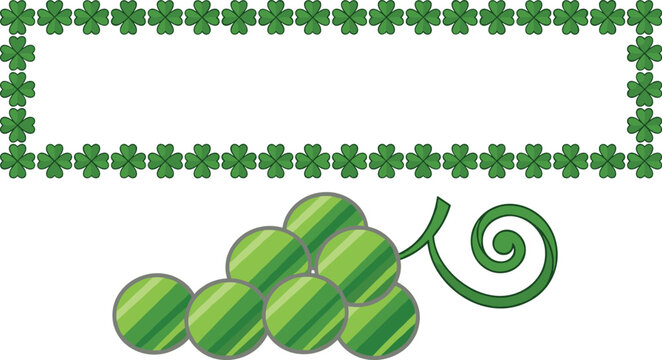 Clover border and grape elements vector set featuring green shamrock frame and fruit illustration in simple style