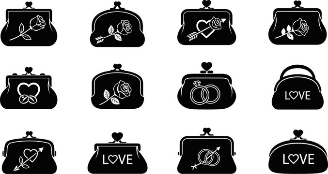 Decorative clutch purse icons with romantic patterns and love symbols for fashion eps.