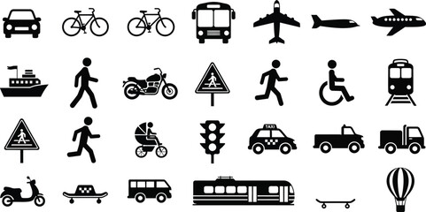 Obraz premium Black and white transportation including vehicles and pedestrians transportation vehicles bicycles airplanes