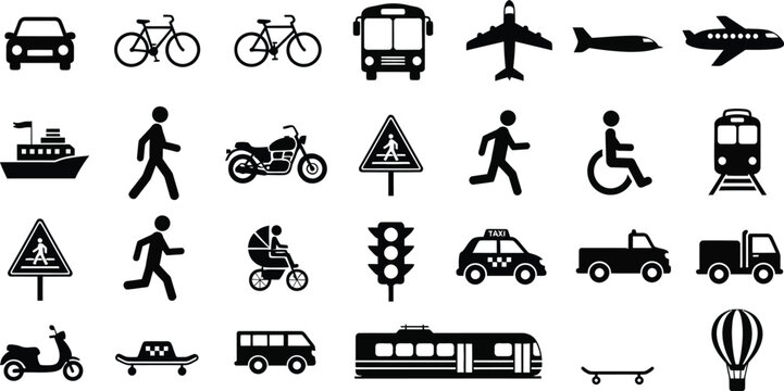 Black and white transportation including vehicles and pedestrians transportation vehicles bicycles airplanes