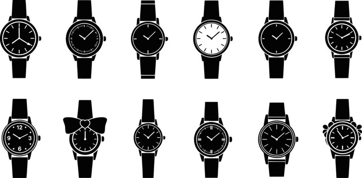 Wrist watch silhouette collection for time management and fashion accessory concepts eps file.
