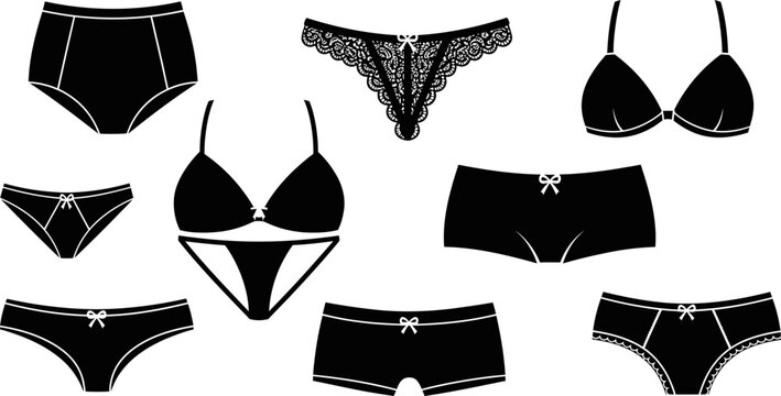 Black lingerie set and underwear collection eps vector silhouette illustration.