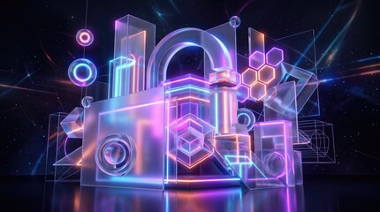 Fototapeta premium Cybersecurity concept with glowing neon padlock, futuristic digital data protection background, 3d glass geometric shapes with purple and blue light