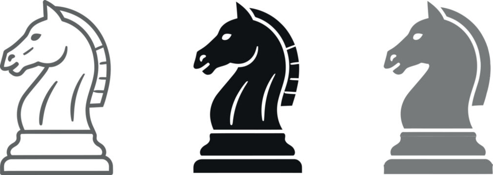 Three chess knight silhouettes in different colors with chess piece board game mind sport strategy competition silhouette minimalist illustration