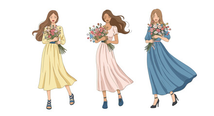 Fototapeta premium Set of three elegant women wearing long stylish dresses and holding beautiful bouquets of colorful flowers in their hands for spring.