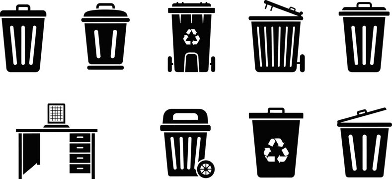 Set of waste management trash bin and recycling container icons vector eps illustration.