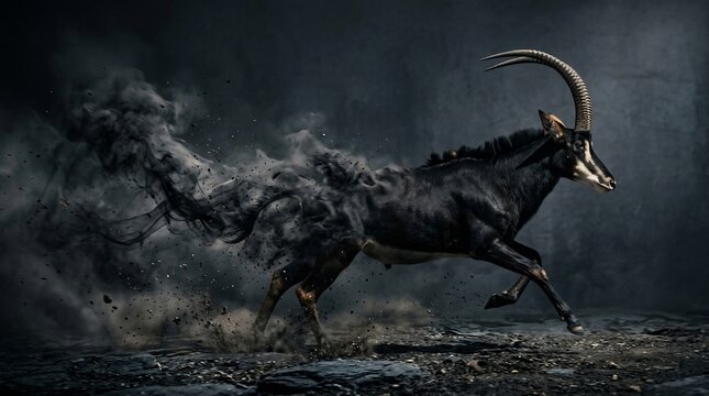 A mystical sable antelope running through dark smoke and shadows.