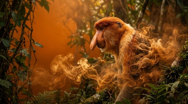 A mystical proboscis monkey portrait in a golden tropical rainforest setting.