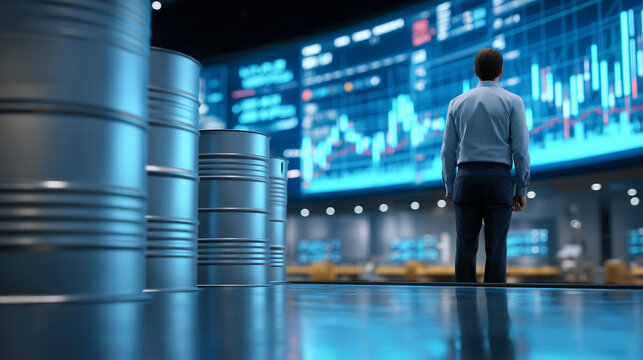 Business professional analyzes market trends in modern trading room with digital screens and data charts at an unspecified time