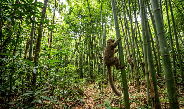 lemur climbing  bamboo forest