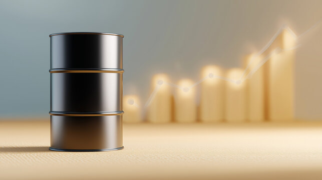 Basic oil barrels stand in front of a growing chart representing market trends and economic activities in a business environment