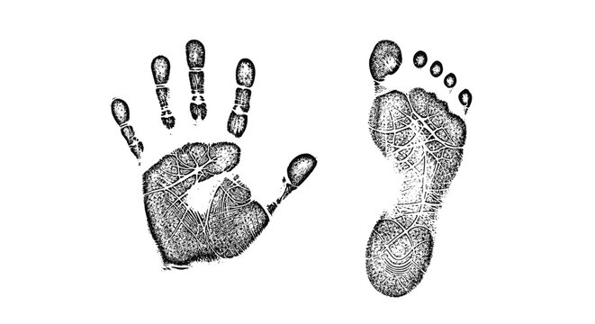 Black handprint and footprint illustration on white background symbolizing newborn baby identity and childhood growth records.