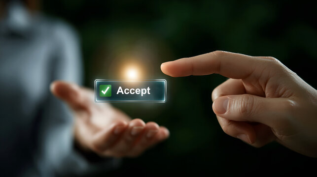 Businessman hand pressing virtual accept button with check mark on digital interface with copy space