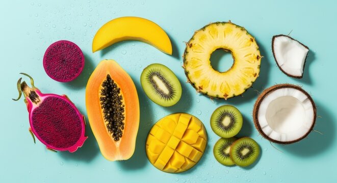 Fresh sliced tropical fruits with banana papaya kiwi pineapple mango and coconut on light blue background for healthy food and summer concept