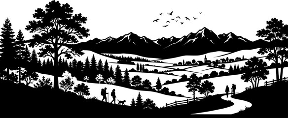 Obraz premium Hikers walking toward mountain village silhouette