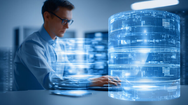 Data infrastructure and data pipeline development. Data integration. Engineer using laptop computer to design data processing system and data warehouse.